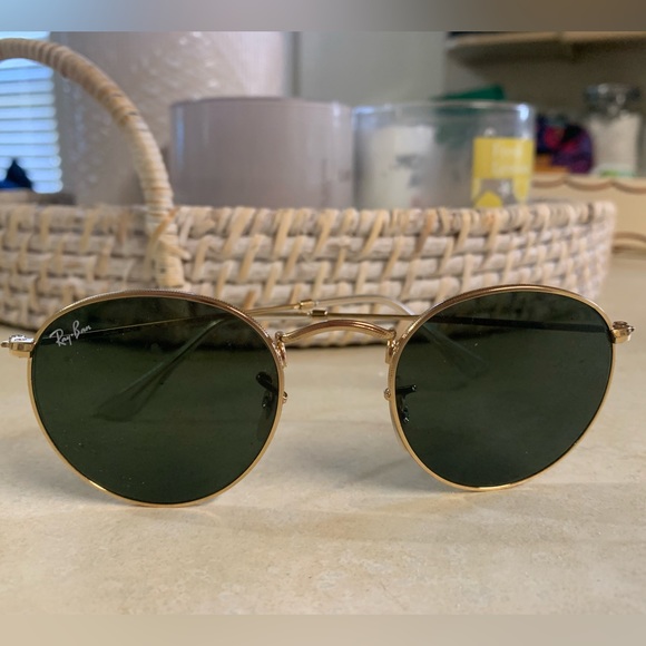 ray ban round metal gold sunglasses with green tint - Picture 2 of 6
